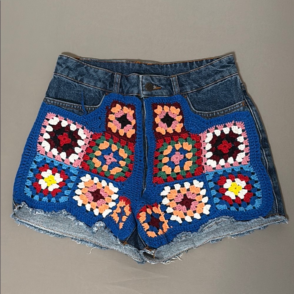 FARM Rio Blue Jean Shorts with Crochet Overlay